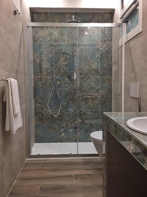 Shower, bidet, towels, toilet paper