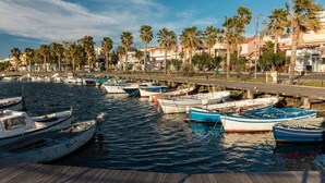 A marina with multiple boats docked along a wooden pier, surrounded by palm trees and buildings. - Villaggio Perlacea - PERLACEA 32 (Golfo Aranci)