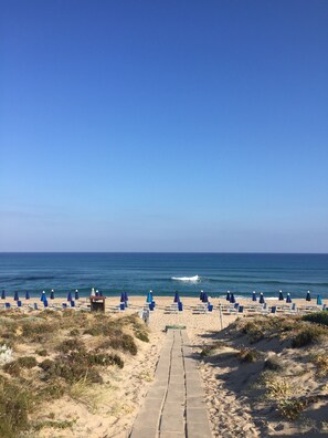 A beach with a concrete pathway leading to the sea, lined with blue beach chairs and umbrellas. - directly on the sea new apartment with garden and swimming pool (badesi)