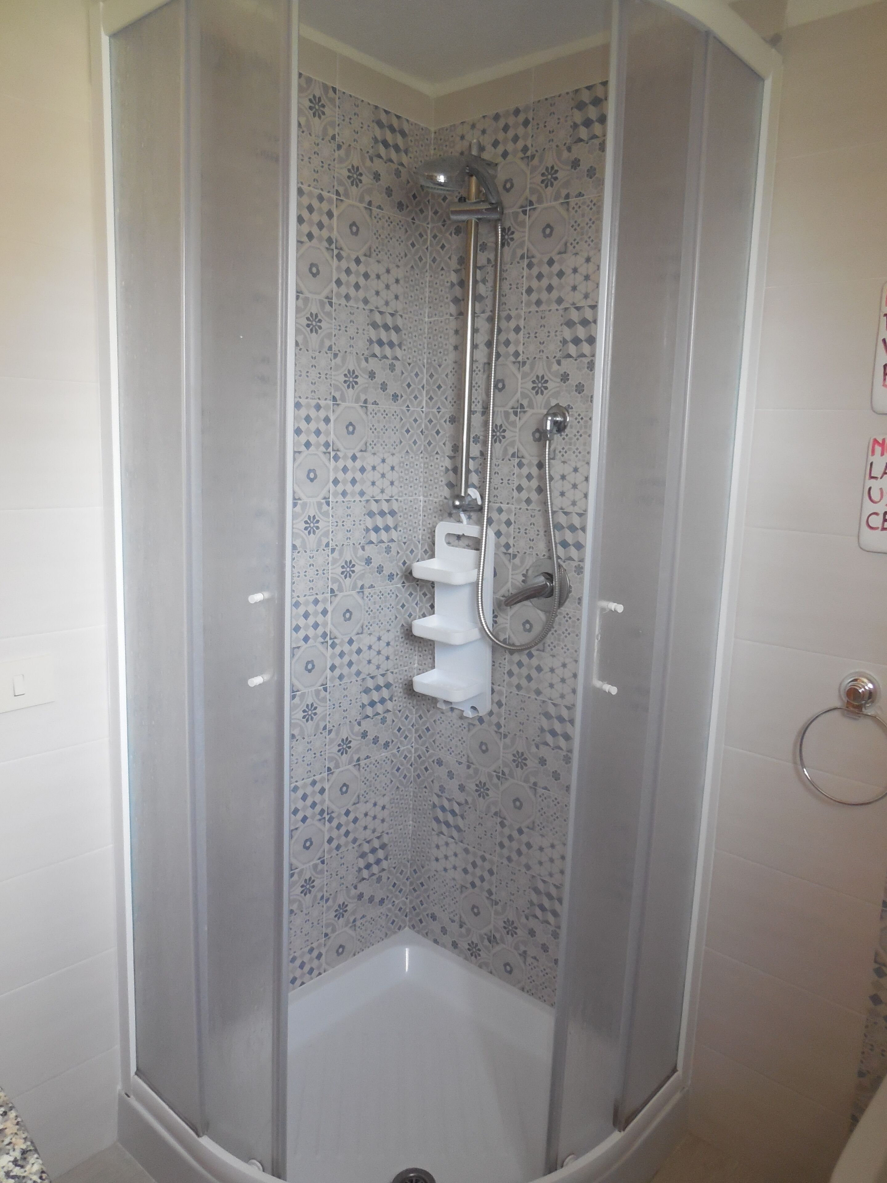 Une cabine de douche dotée d’une porte en verre, d’un pommeau de douche et d’un flexible de douche.