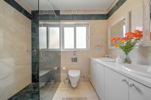 Baignoire, baignoire à jets, sèche-cheveux, serviettes fournies