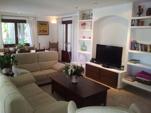 Smart TV, fireplace, DVD player, books