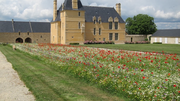 En historisk byggnad med en symmetrisk fasad, flera skorstenar och en välskött trädgård med ett stort utbud av blommor.
