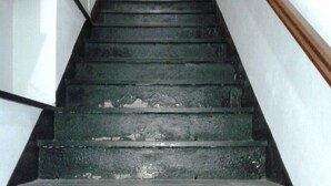 Una escalera con peldaños desgastados que conduce a una plataforma.