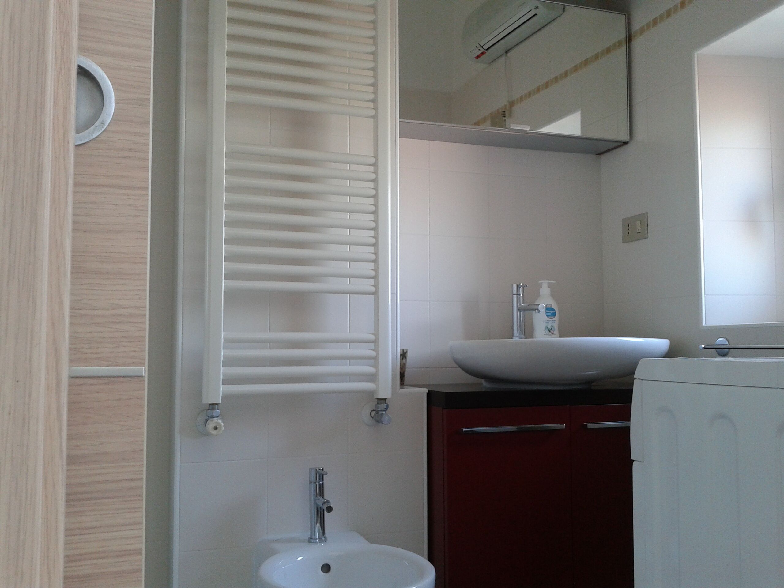 Un bagno con un lavandino bianco, uno specchio e un porta asciugamani.