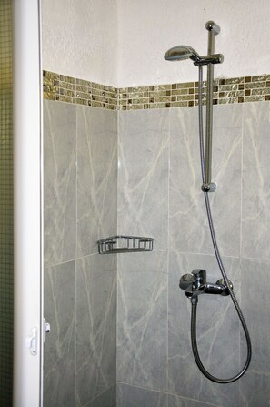 Une douche équipée d’un pommeau de douche à main, d’un robinet mural et d’un flexible de douche à main.