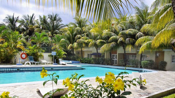Una piscina rodeada de palmeras y un área de descanso con sillas.