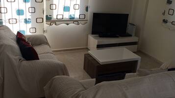 A living room with a sofa, a coffee table, and a television.