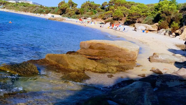 Une plage à l’eau d’un bleu limpide, bordée de rochers et avec une rangée d’arbres en arrière-plan.