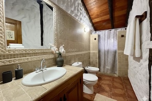 Un baño con un espejo grande, un lavabo, un inodoro y una zona de ducha.