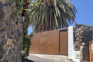 Eine Steinmauer, eine Palme und ein Metallgitter.