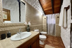 Une salle de bain avec un grand miroir, un lavabo, des toilettes et un espace douche.