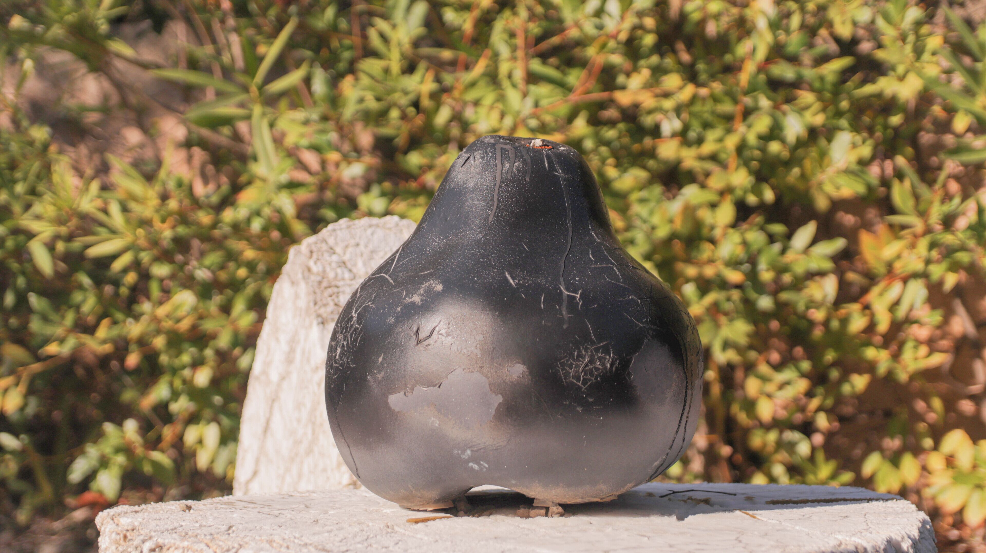 Un grand objet sphérique, de couleur sombre, posé sur un socle en pierre et entouré de verdure.
