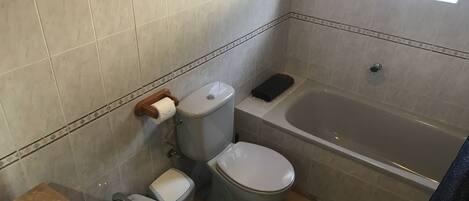 A bathroom with a toilet, bidet, bathtub, and a sink with a decorative basin.