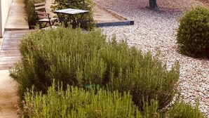 Un jardin avec une table et des chaises, entouré d’arbres et d’arbustes.