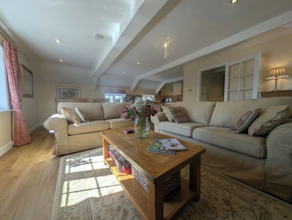 Smart TV, fireplace, DVD player, books