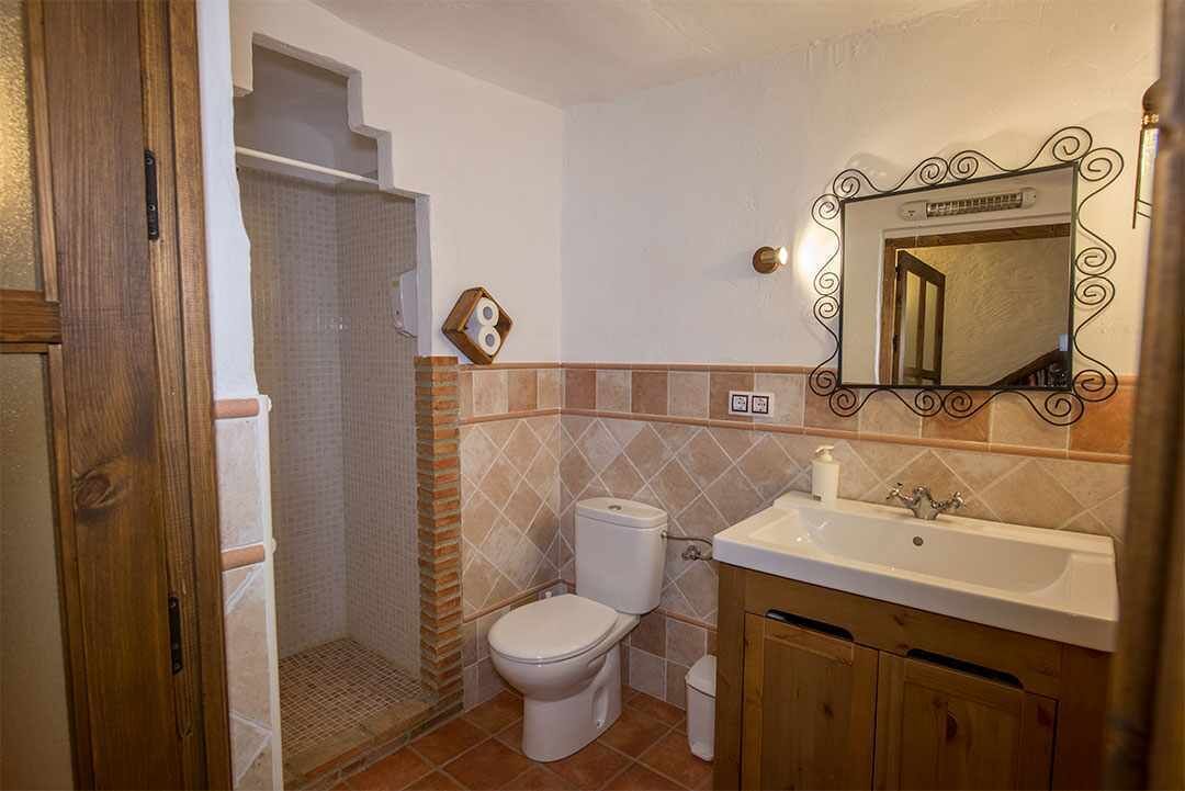 Un baño con inodoro, lavabo y ducha.