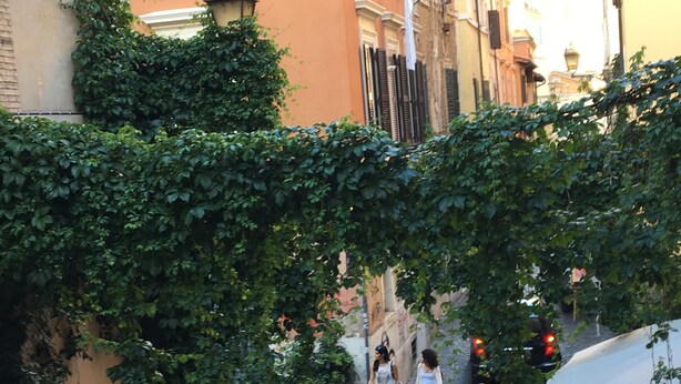 Une rue pavée bordée de bâtiments des deux côtés, certains avec des volets et des plantes. On y voit des tables et des chaises disposées, ce qui laisse supposer qu’il s’agit d’un café ou d’un restaurant.