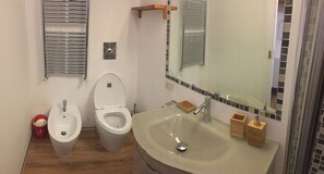 Shower, hair dryer, bidet, towels