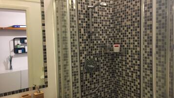 Shower, hair dryer, bidet, towels