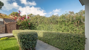 A landscaped garden with a stone wall, neatly trimmed hedges, and a paved walkway.