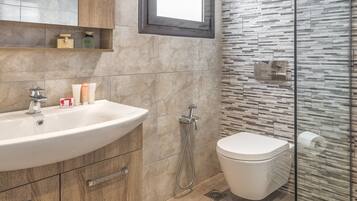 Combined shower/tub, hair dryer, towels, soap