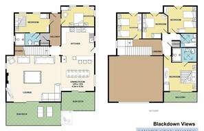 A 1st floor layout of a property with two bedrooms, a kitchen, a dining room, a lounge, and a sun deck.