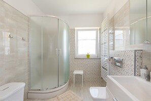 Shower, hair dryer, bidet, towels