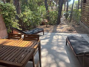 A patio area with a wooden table and two lounge chairs, surrounded by trees and a stone pathway.