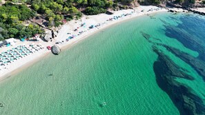 An aerial view of a beach with clear turquoise waters, a sandy shore, and umbrellas.
