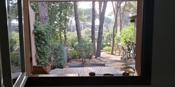 A view from a window of a room with a wooden table and chairs, a potted plant, and a garden with trees and a pathway. - Charming, newly renovated vacation home by the sea with a garden (Santa Margherita di Pula)