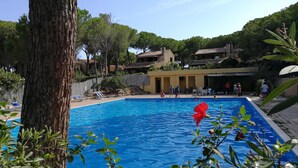 En swimmingpool med klart, blåt vand, omgivet af grøn vegetation og et par personer.