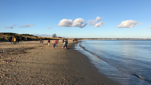 A beach with people walking and playing, a clear sky, and a calm sea.