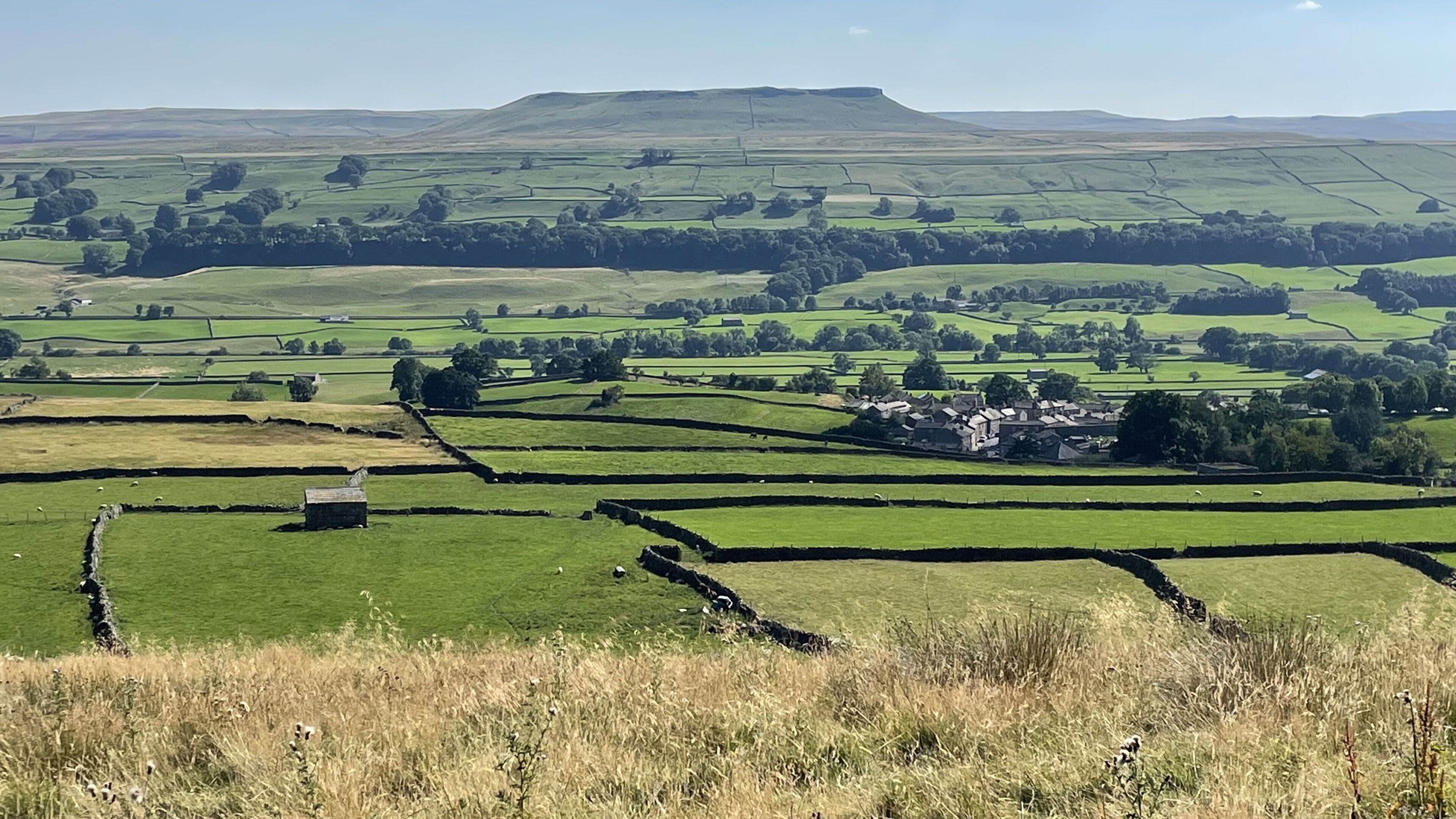 A rural landscape with fields, stone walls, and a small cluster of buildings.
