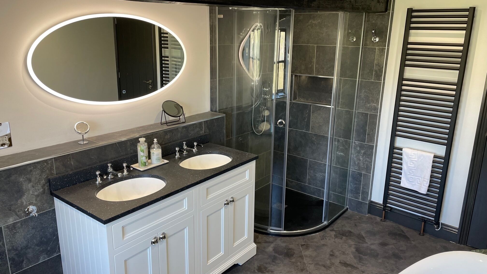 Combined shower/tub, hair dryer, towels, soap