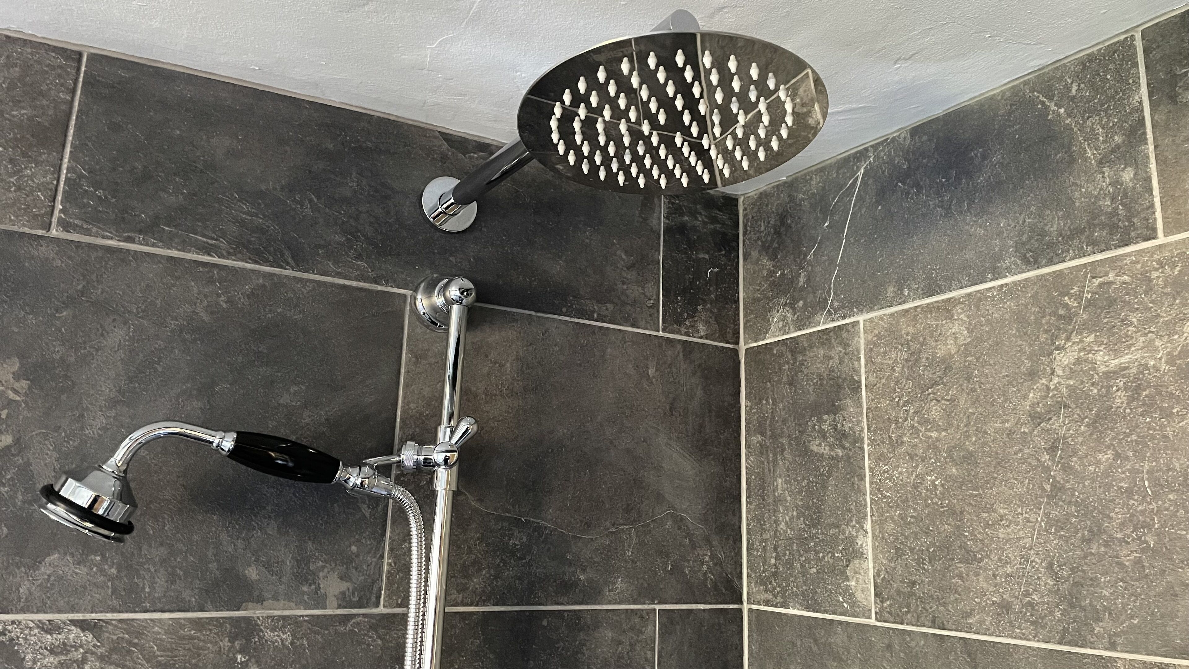 Eine Dusche mit Handbrause und Deckenbrause in einem gefliesten Badezimmer.