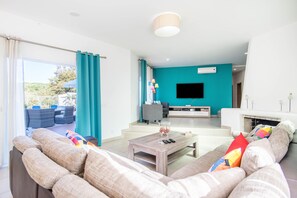 TV, fireplace, table tennis, books