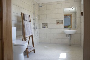 Un baño con inodoro, ducha, lavamanos y una escalera de madera.