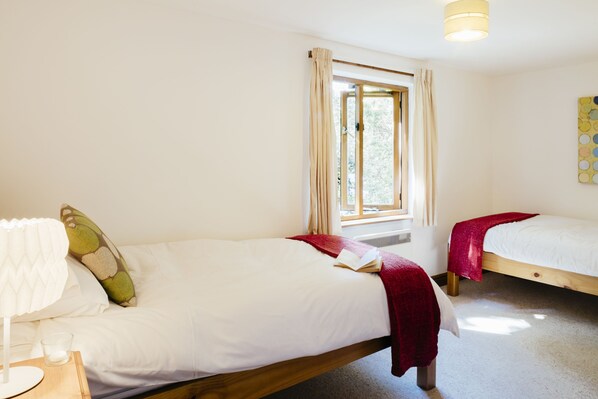 A room with two single beds, a window with curtains, a lamp, and a wall art piece. - Contemporary cottage retreat in secluded valley near sea. Sleeps 8 (Bude)