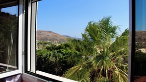 Une fenêtre donnant sur un paysage montagneux et des palmiers.