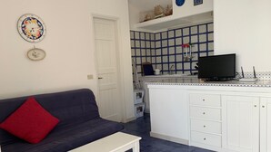 Un espace de vie compact comprenant un canapé, une petite table blanche, un coin cuisine avec un pare-feu en carrelage et un téléviseur.