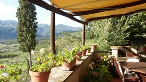 Una terraza con vistas al campo, mobiliario de madera y plantas en macetas.