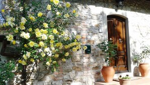 Un edificio de piedra con puerta de madera, el número 9, y plantas en macetas.