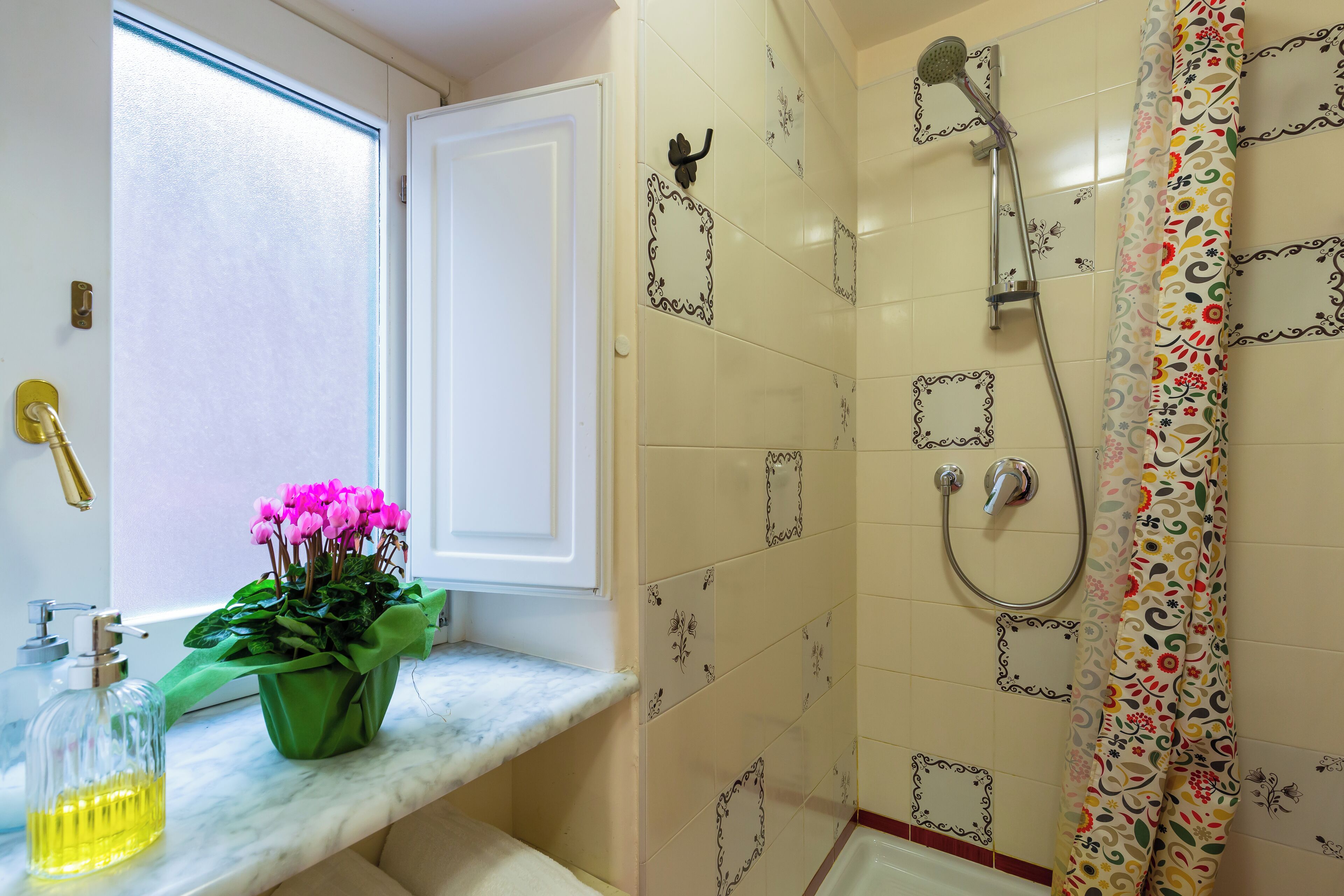 Shower, hair dryer, bidet, towels