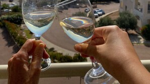 Two hands holding wine glasses with a cityscape in the background. - AIR-CONDITIONED T2 WITH SEA VIEW IN THE HEART OF PRORPRIANO, ON THE BEACH, 5 M FROM SHOPS (Propriano)