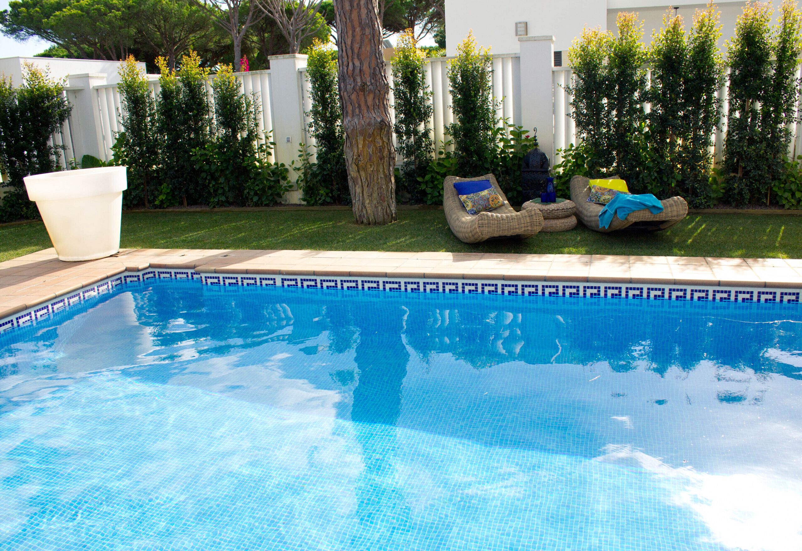 Una piscina con borde de azulejos, rodeada por una valla blanca y follaje.