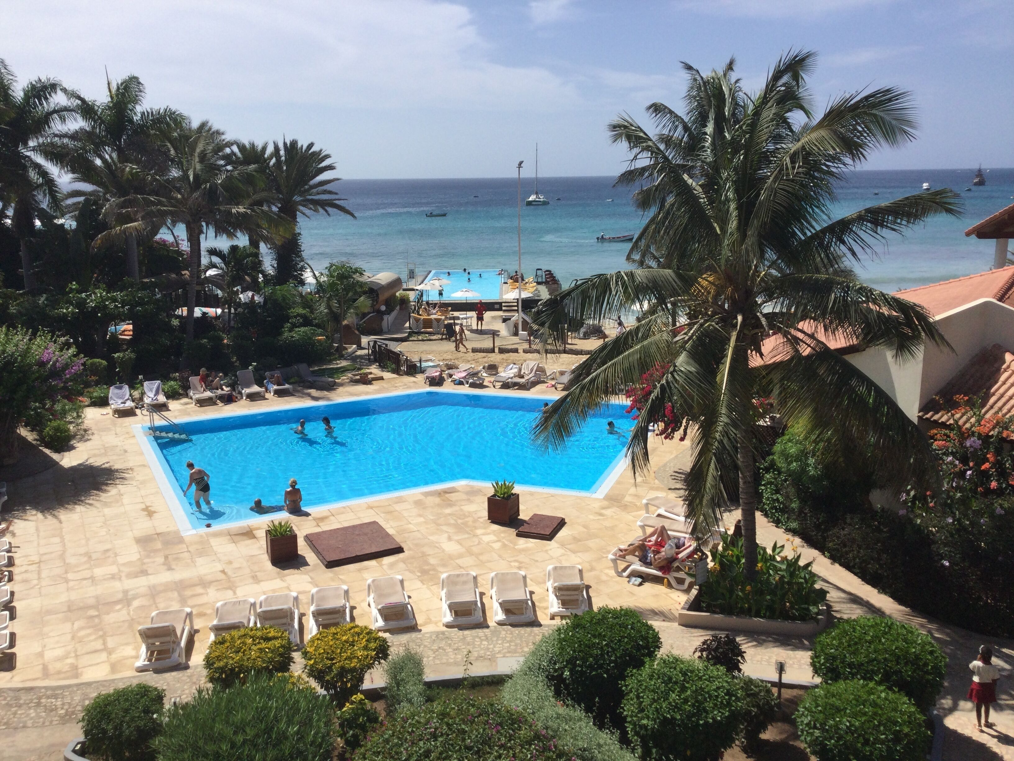 Ein Poolbereich mit Liegestühlen, Palmen und Blick aufs Meer.