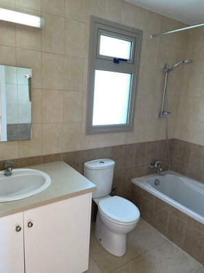 Kombinert dusj/badekar, hårføner, håndklær og såpe