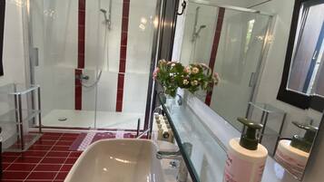 Combined shower/tub, hair dryer, bidet, towels