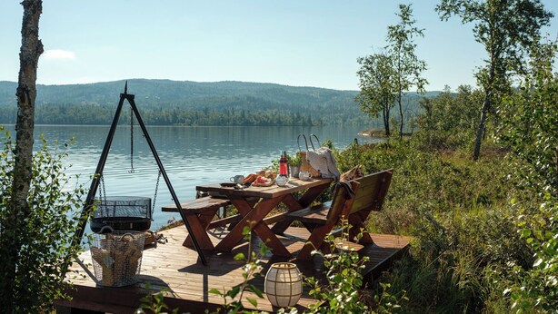 Un patio in legno con un tavolo da picnic, un barbecue e un cesto.
